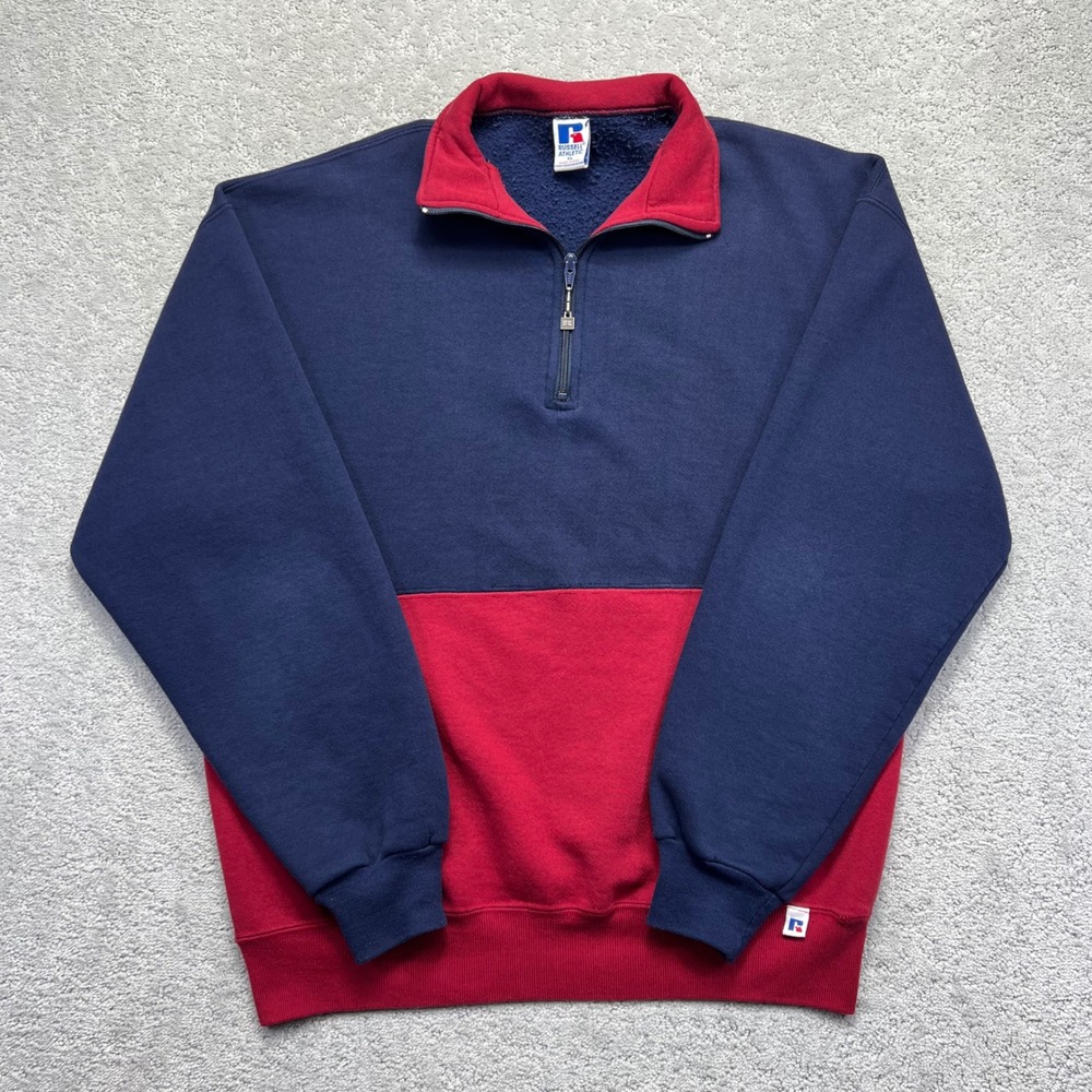 VINTAGE 90s Russell Athletic Sweatshirt Mens XL Navy Red Colorblock 1/4 Zip USA